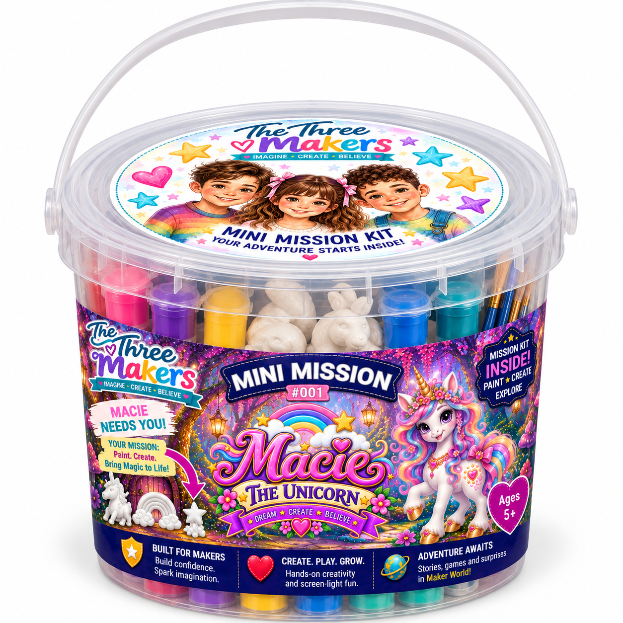 The Three Makers Macie the Unicorn mission bucket packed with plaster figures, twelve paints and brushes.