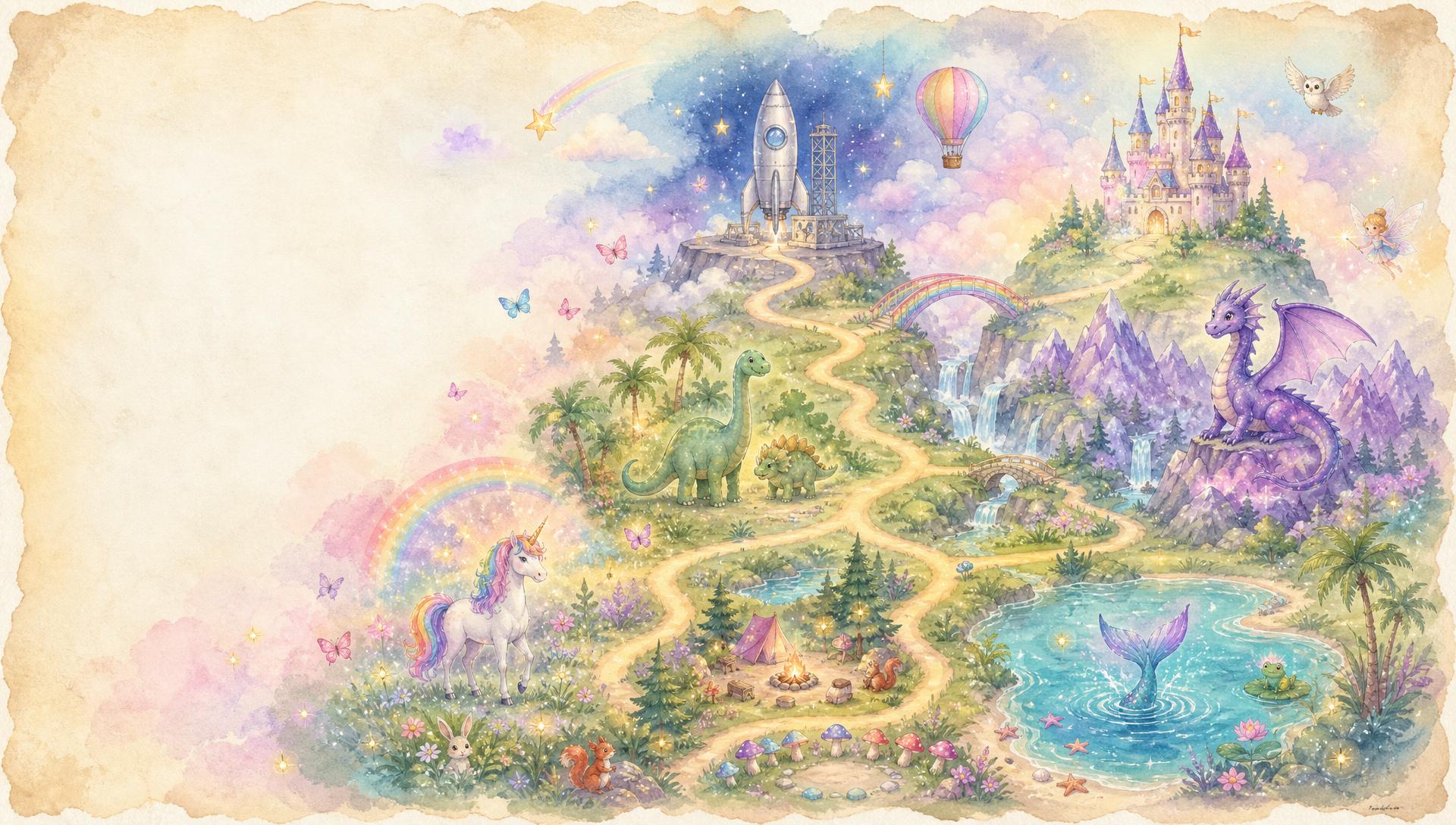 A magical map of Makers' World showing Sparkle Meadow, Rocket Ridge, Dino Valley, Mermaid Lagoon, Dragon Peaks and Fairy Castle Hill connected by golden paths.