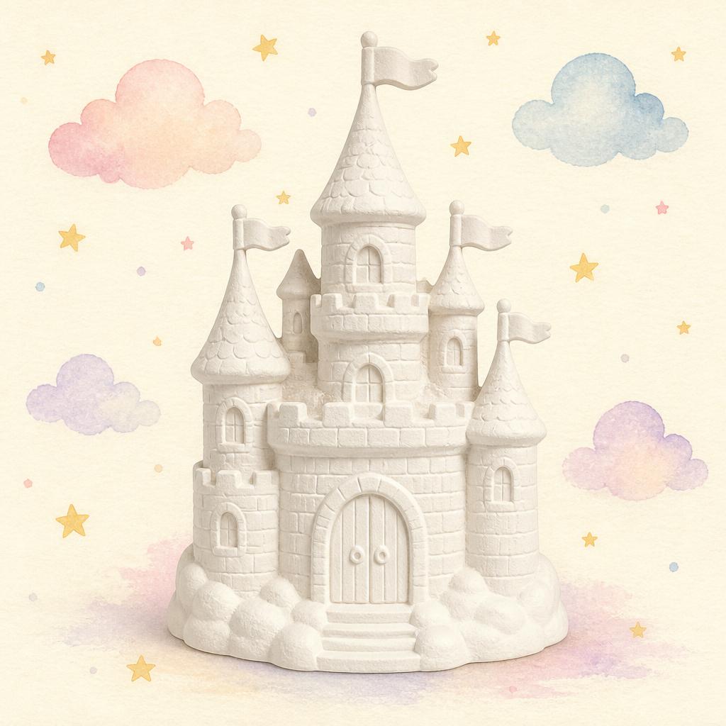 Unpainted plaster fairytale castle with turrets and flags.