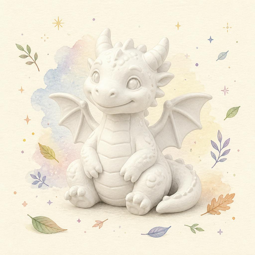 Unpainted plaster dragon figurine with tiny wings.